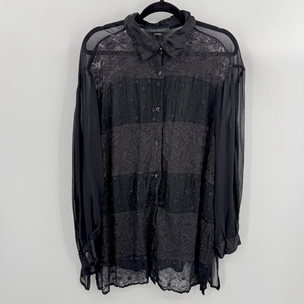 Black Sheer Blouse Embroidered Beaded Satin Collar Lane Bryant Whimsigoth 22/24